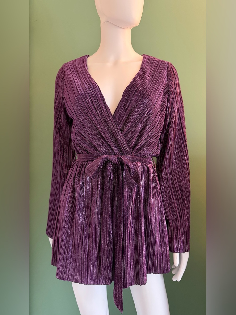 Lulu's “The Party Starts Here” Purple Metallic Pleated L/S Romper NWT